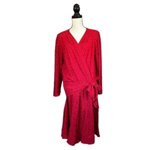 Vintage Raoul Red Paisley Midi Dress V-Neck Tie Drop Waist 80s Maximalist Sz 14